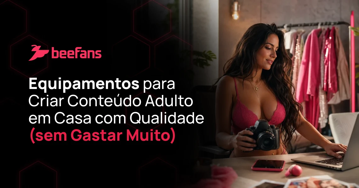 Criadora de conteúdo adulto em home studio utilizando câmera profissional e notebook para produzir conteúdo com equipamentos de baixo custo.