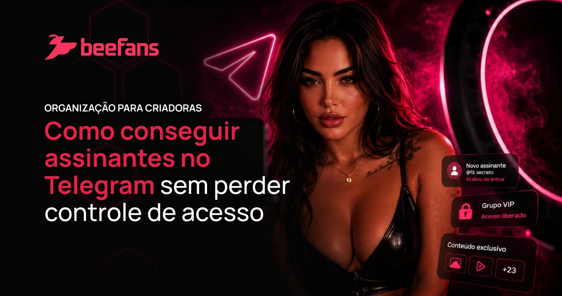 Criadora ao lado de notificações "Novo assinante", "Grupo VIP — Acesso liberado" e "Conteúdo exclusivo", ilustrando como conseguir assinantes no Telegram sem perder controle de acesso — Beefans
