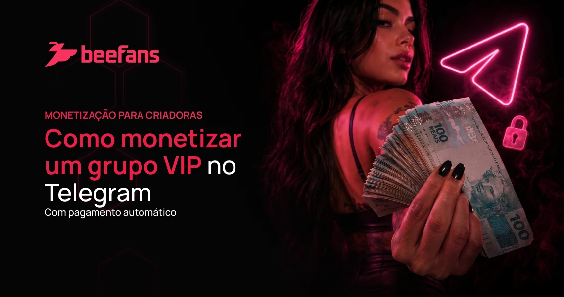 Criadora segurando leque de notas de R$100 ao lado do texto "Como monetizar um grupo VIP no Telegram com pagamento automático" — ícones de avião do Telegram e cadeado ao fundo — Beefans