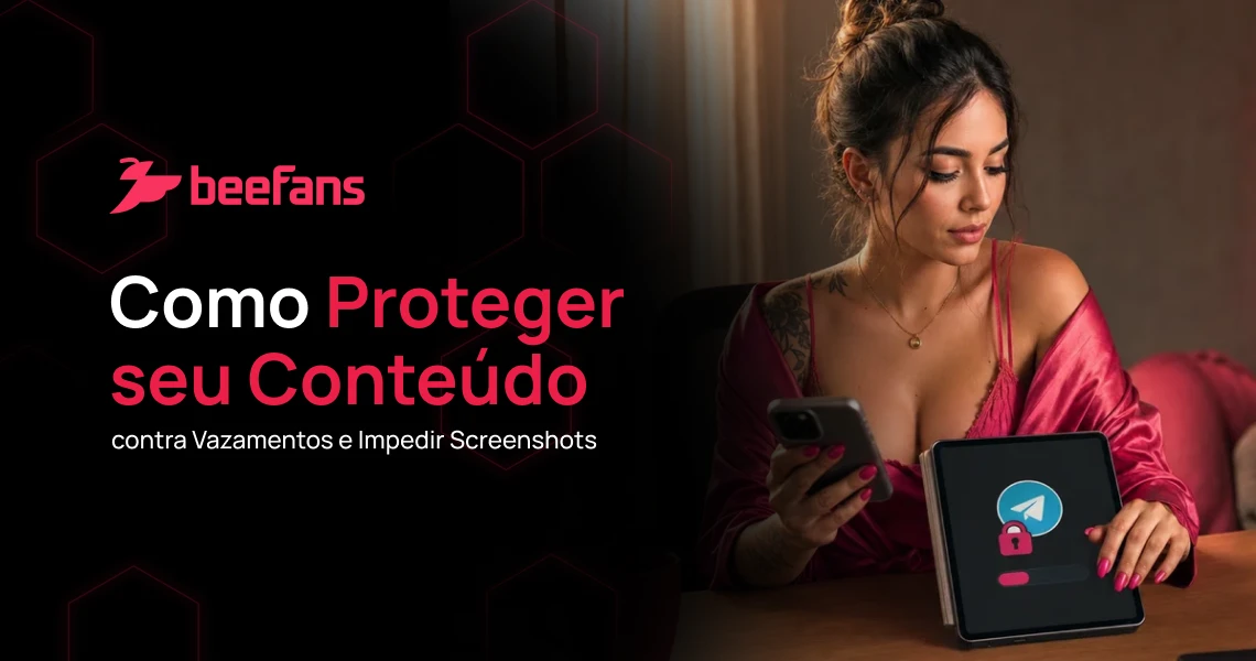 Criadora de conteúdo adulto utilizando smartphone e tablet para gerenciar a proteção de conteúdo contra vazamentos e capturas de tela.